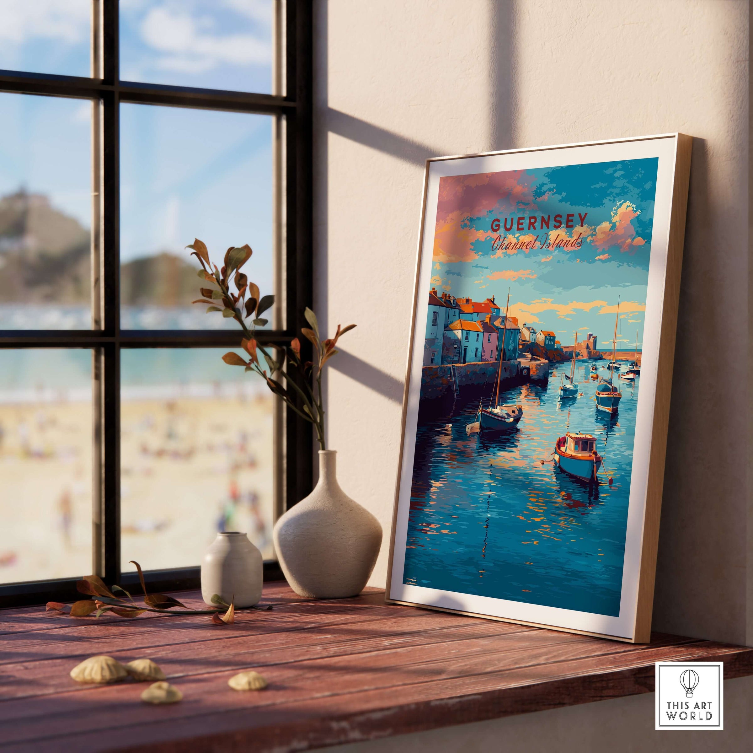 Guernsey Coastal Harbour Sunset Print | Channel Islands Wall Art displayed in a bright room with a beautiful view.