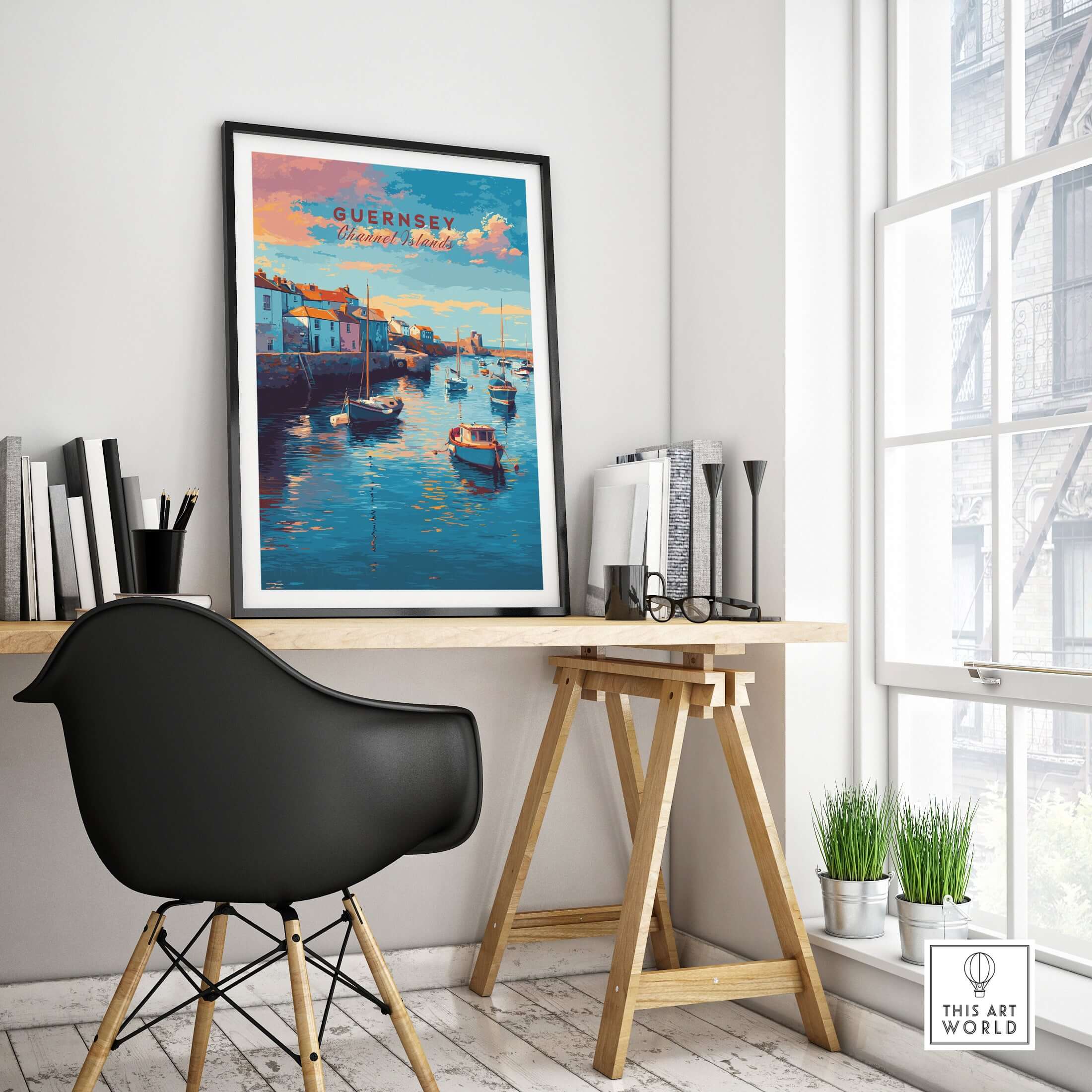 Guernsey Coastal Harbour Sunset  Print | Channel Islands Wall Art displayed in a modern interior with chairs and desk.
