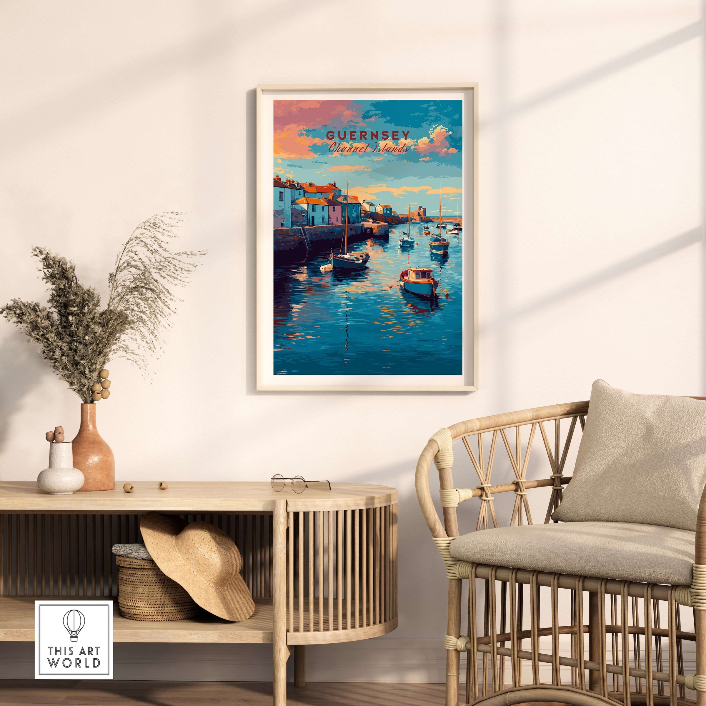 Guernsey Coastal Harbour Sunset Print | Channel Islands Wall Art displayed in a stylish living room setting.