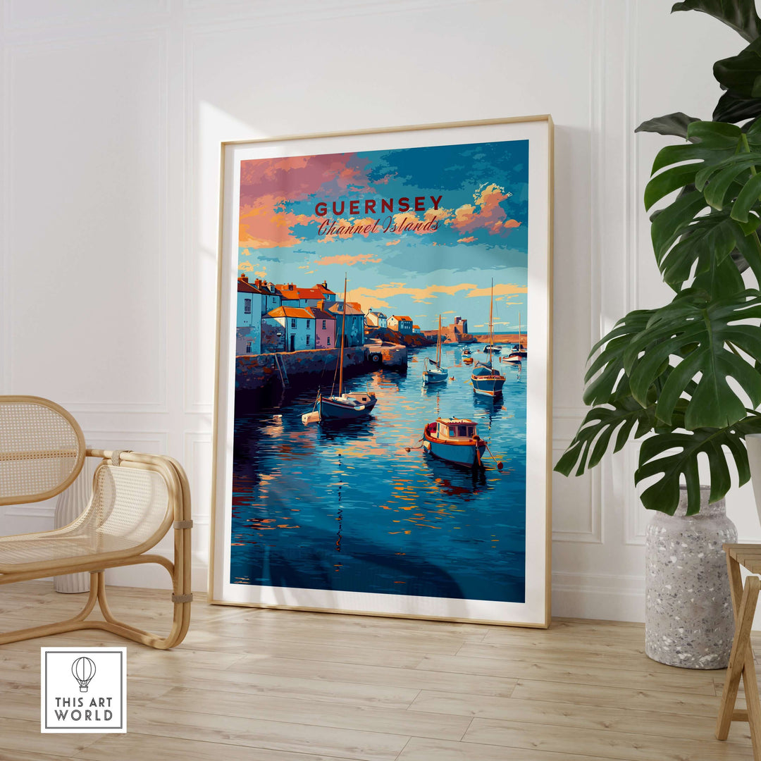 Guernsey Coastal Harbour Sunset Print | Channel Islands Wall Art displayed in a stylish living room.
