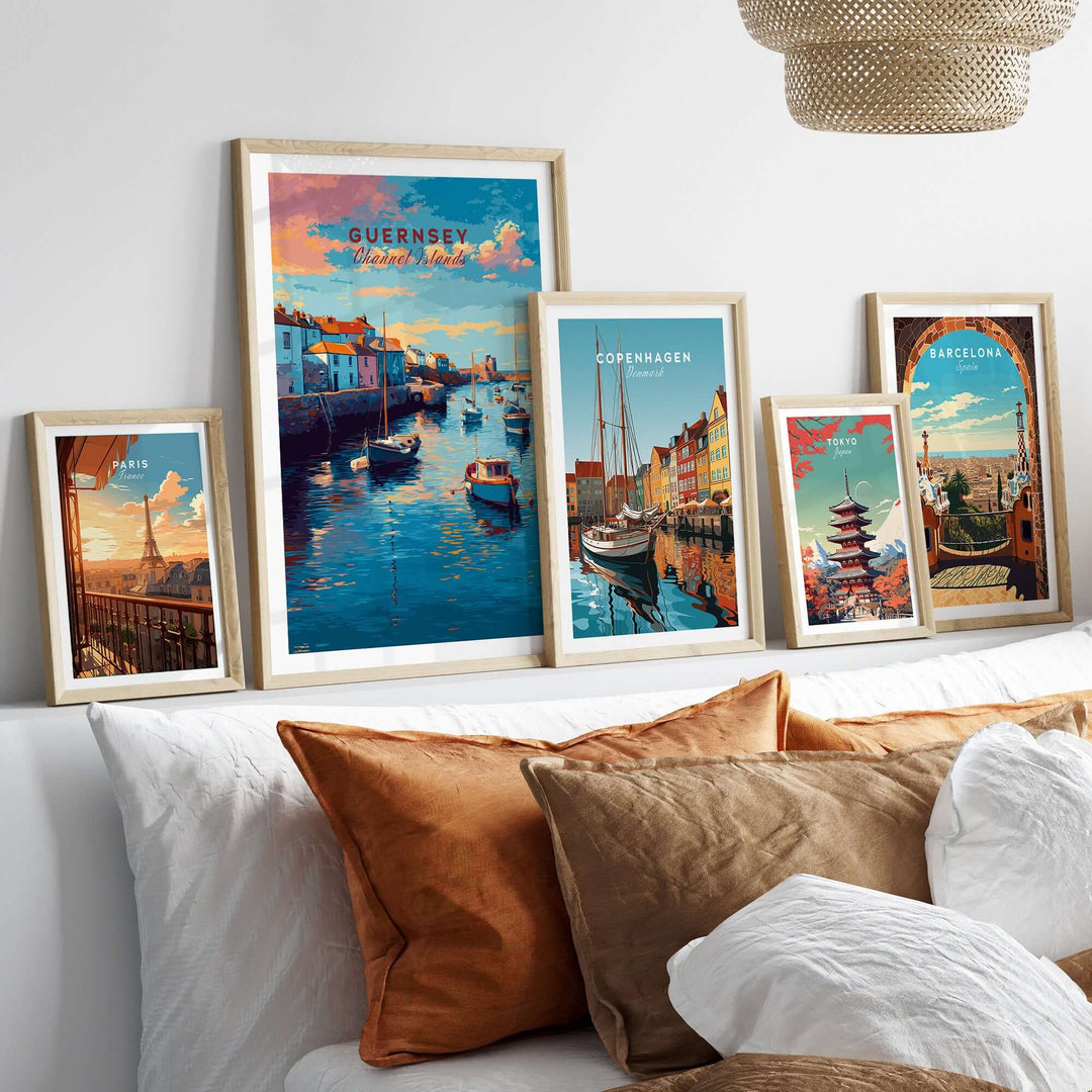 Guernsey Coastal Harbour Sunset  Print | Channel Islands Wall Art displayed in stylish frames on a cozy sofa.