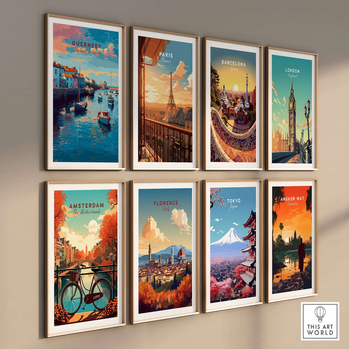 Guernsey Coastal Harbour Sunset Print | Channel Islands Wall Art displayed among various city prints.