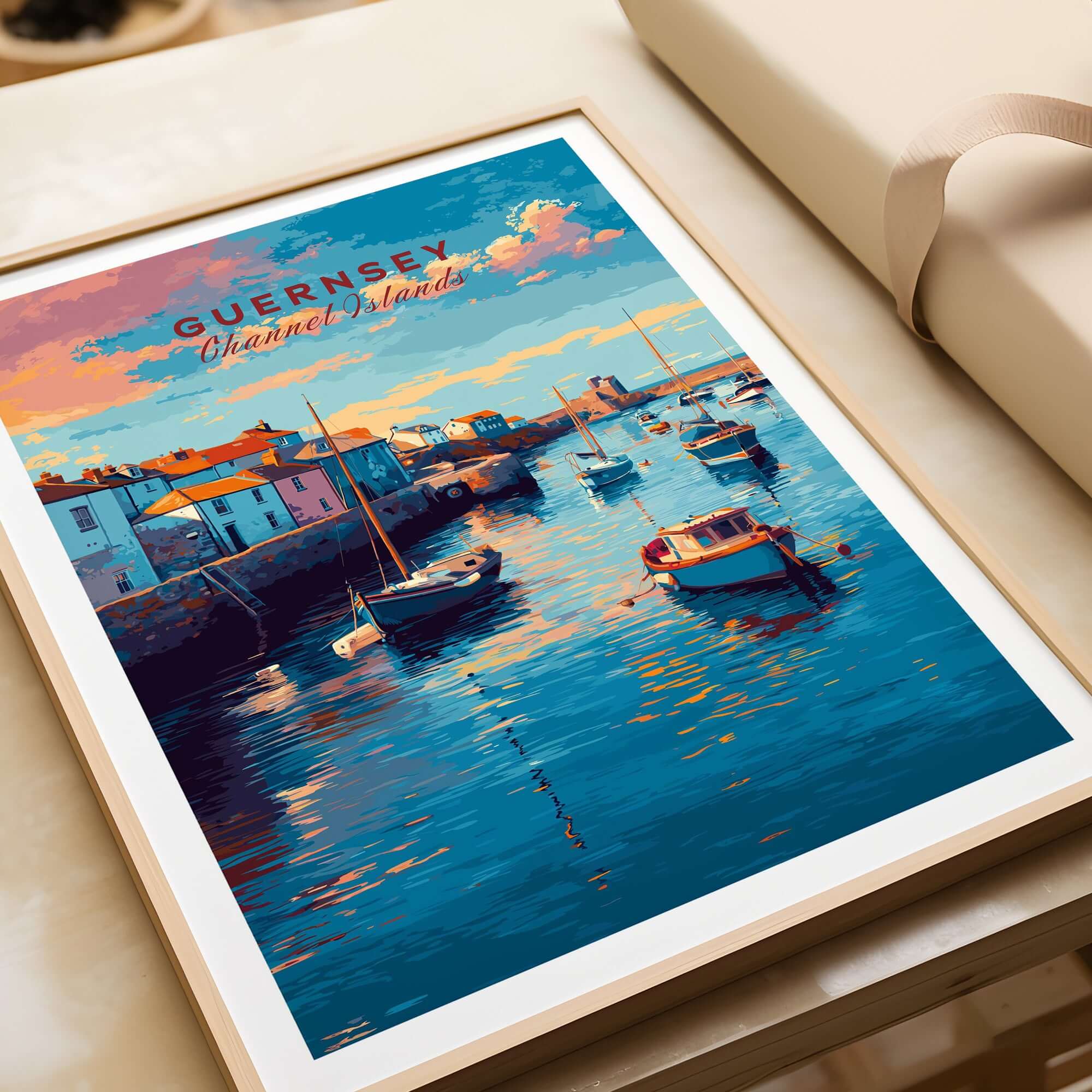 Guernsey Coastal Harbour Sunset  Print | Channel Islands Wall Art displayed on a table with boats reflecting in the water.