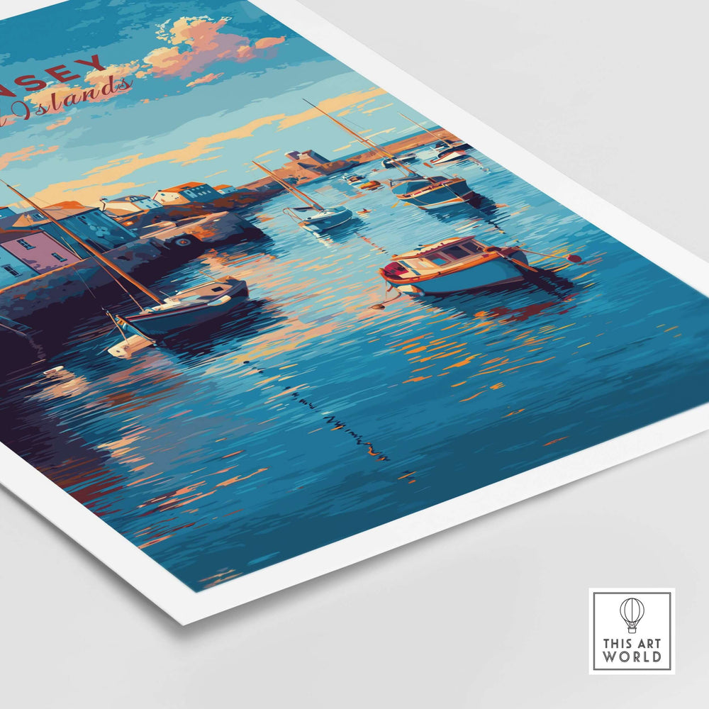 Guernsey Coastal Harbour Sunset Print | Channel Islands Wall Art featuring serene boats and shimmering water.