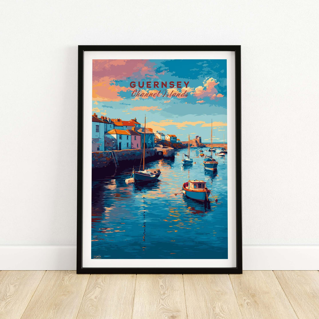 Guernsey Coastal Harbour Sunset Print | Channel Islands Wall Art featuring boats and a vibrant sunset.