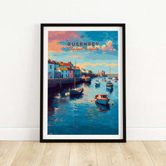 Guernsey Coastal Harbour Sunset  Print | Channel Islands Wall Art showcasing boats and a vibrant sunset.