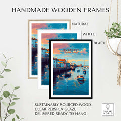 Guernsey Coastal Harbour Sunset Print | Channel Islands Wall Art displayed in handmade wooden frames in natural, white, and black.