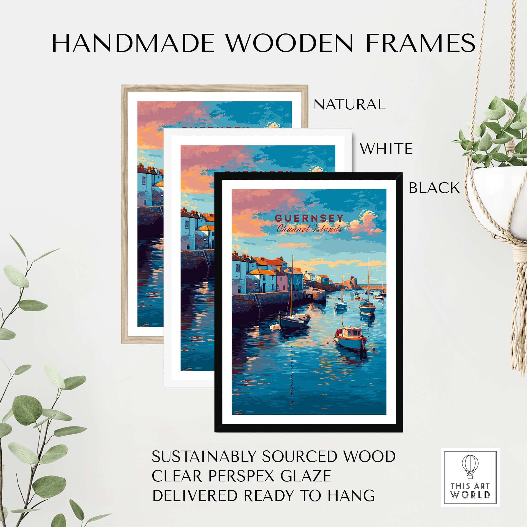 Guernsey Coastal Harbour Sunset Print | Channel Islands Wall Art displayed in handmade wooden frames in natural, white, and black.