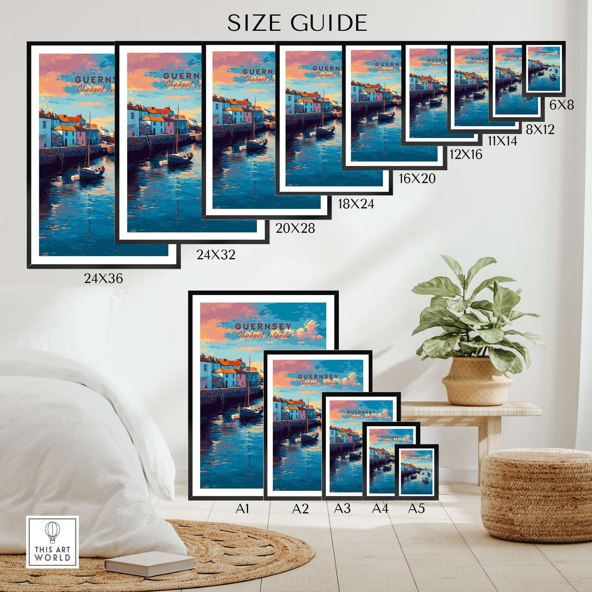 Guernsey Coastal Harbour Sunset  Print | Channel Islands Wall Art size guide showing available frame sizes.