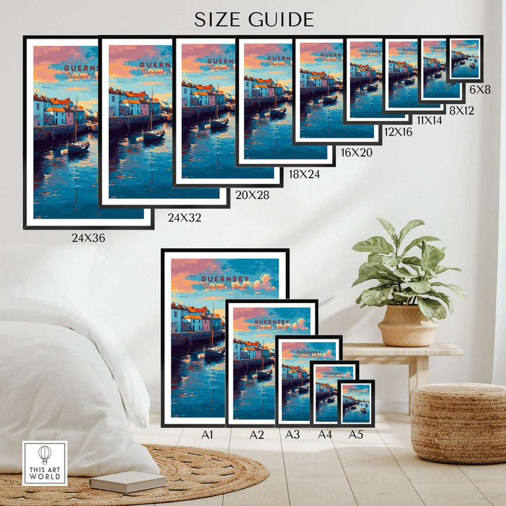 Guernsey Coastal Harbour Sunset  Print | Channel Islands Wall Art size guide with framed art options.