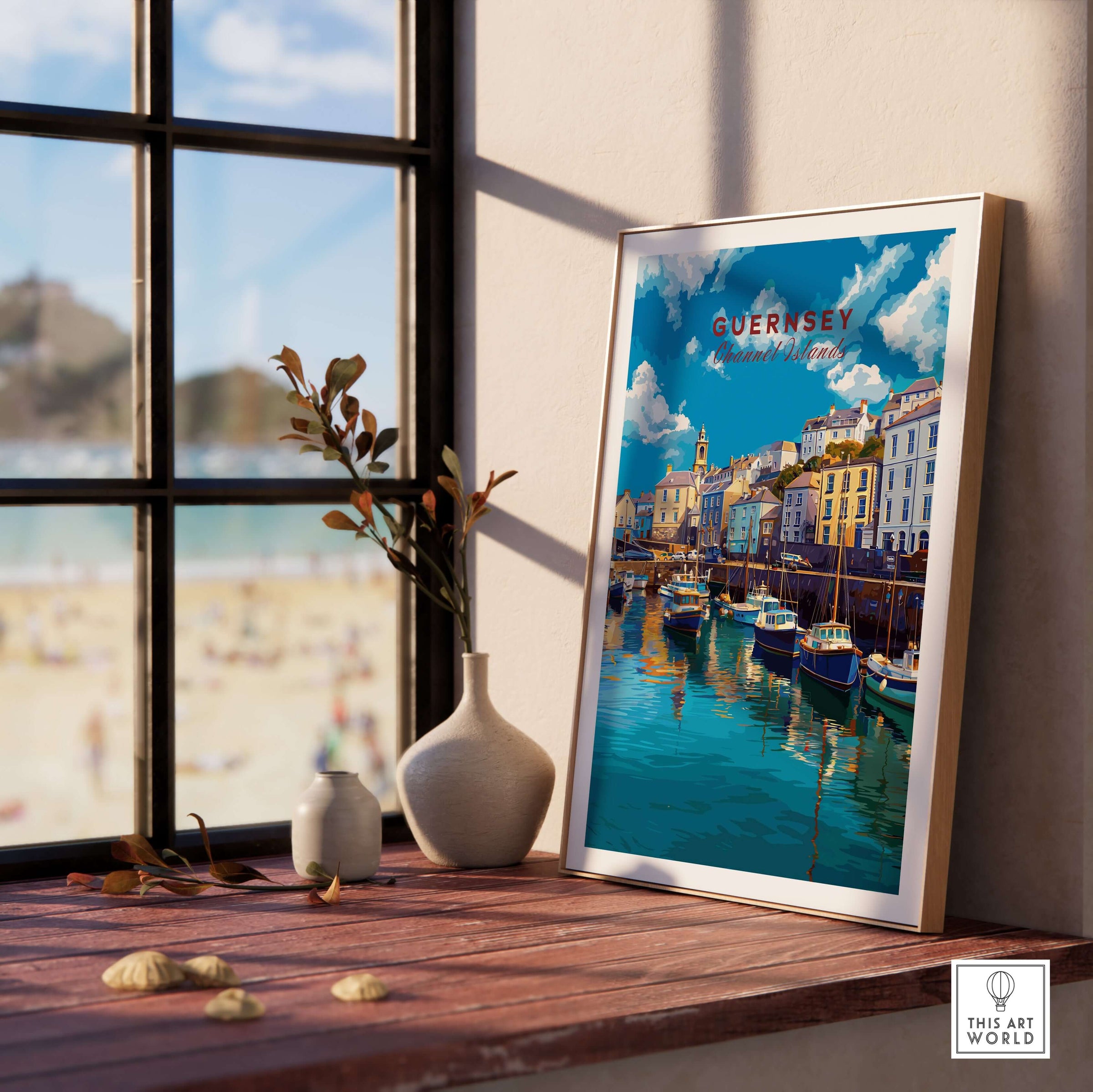 Guernsey Colourful Seaside Village Print | Channel Islands Wall Decor framed on a windowsill with coastal view.