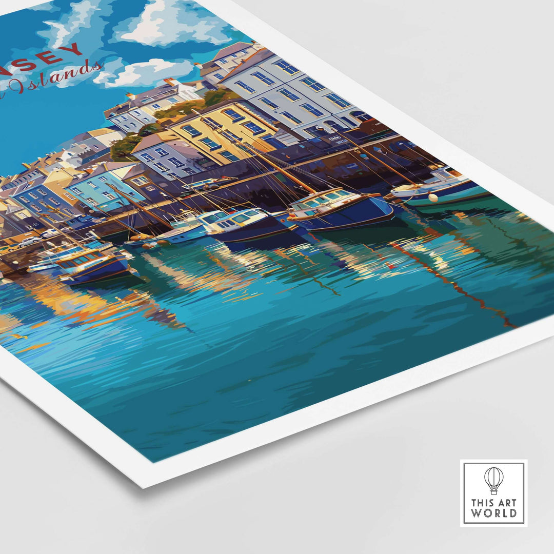 Guernsey Colourful Seaside Village Print | Channel Islands Wall Decor showcasing vibrant village and harbor scene.