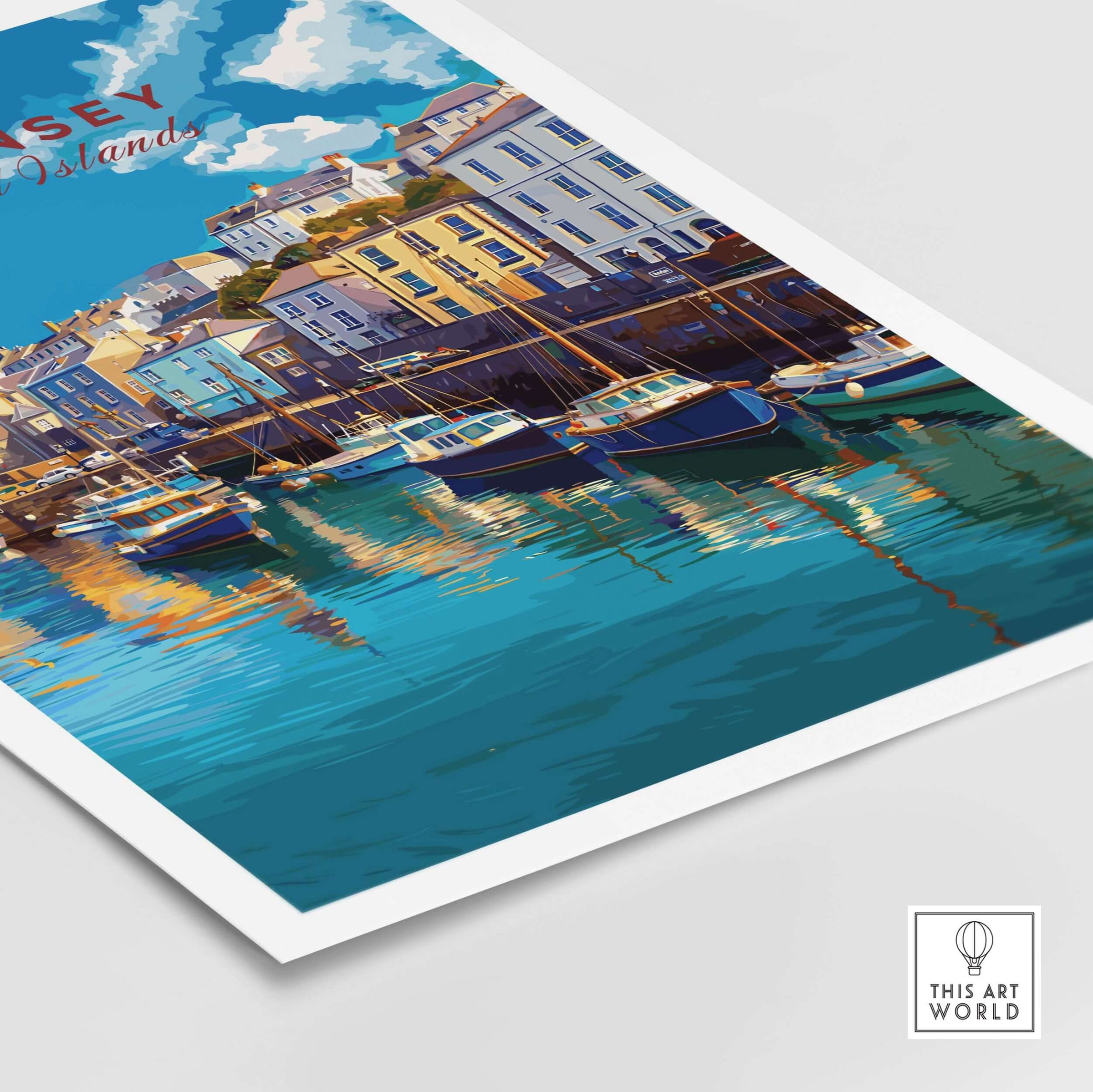 Guernsey Colourful Seaside Village Print | Channel Islands Wall Decor showcasing vibrant coastal village and boats.