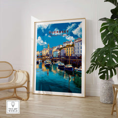 Guernsey Colourful Seaside Village Print | Channel Islands Wall Decor showcasing a vibrant coastal scene with boats and colorful buildings.