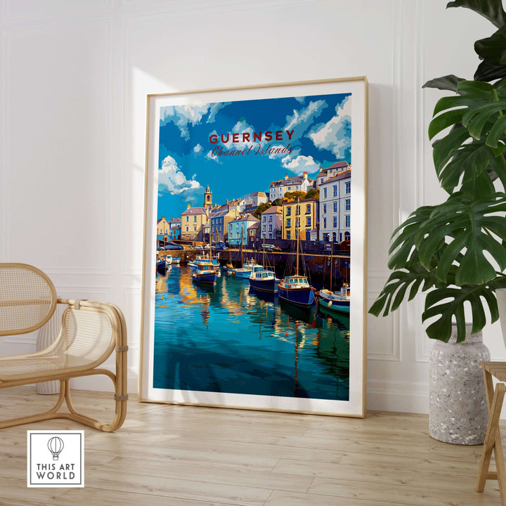 Guernsey Colourful Seaside Village Print | Channel Islands Wall Decor showcasing vibrant coastal village scene in a stylish interior.