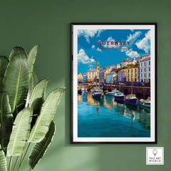 Guernsey Colourful Seaside Village Print | Channel Islands Wall Decor showcasing vibrant boats and coastal scenery.