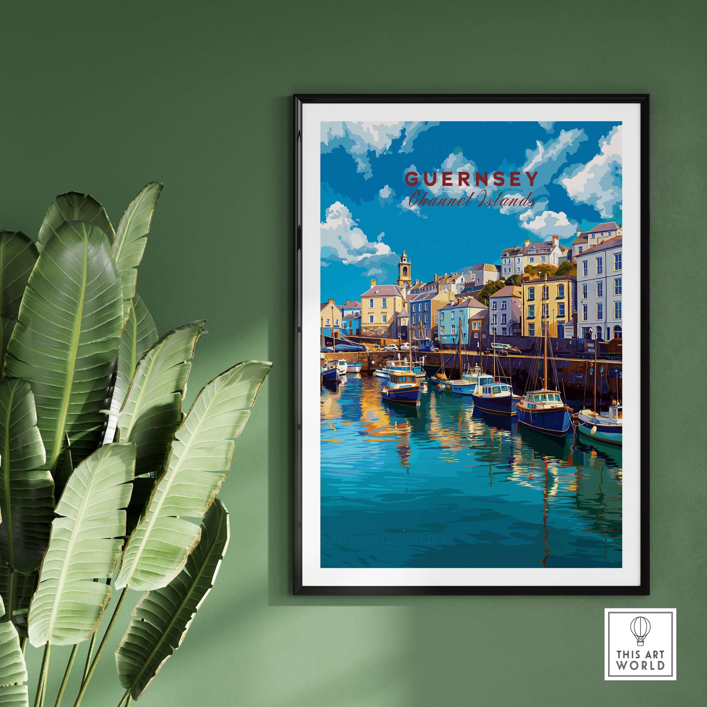 Guernsey Colourful Seaside Village Print | Channel Islands Wall Decor showcasing vibrant boats and coastal scenery.