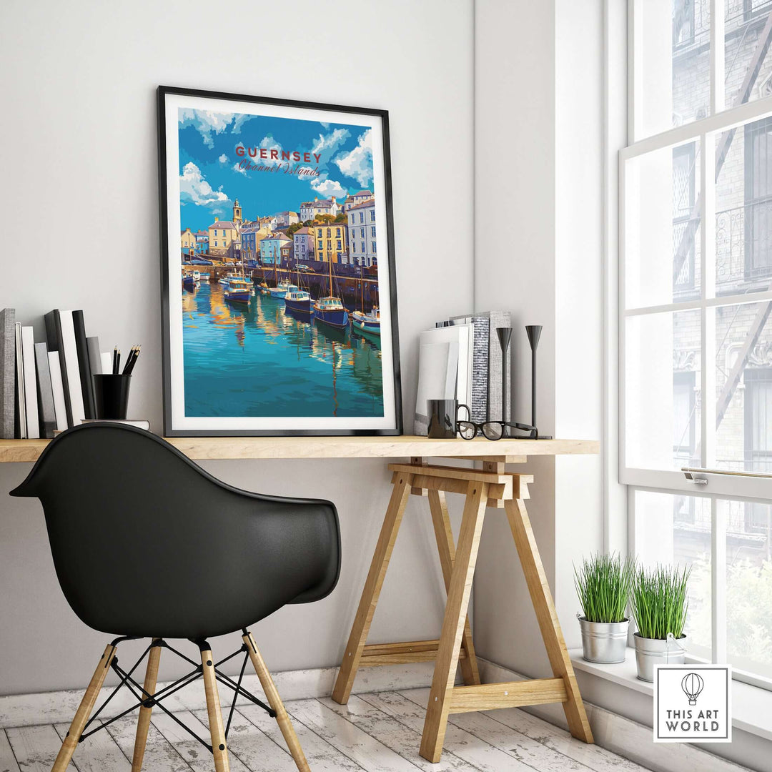 Guernsey Colourful Seaside Village Print | Channel Islands Wall Decor displayed in a modern interior, showcasing coastal charm.