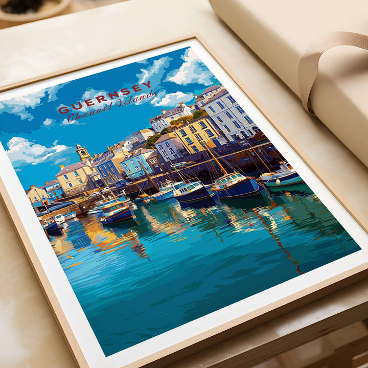 Guernsey Colourful Seaside Village Print | Channel Islands Wall Decor beautifully framed with boats and colorful buildings.