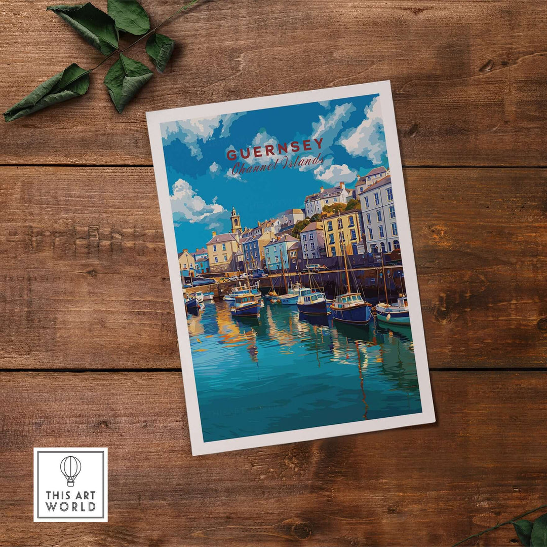 Guernsey Colourful Seaside Village Print | Channel Islands Wall Decor features vibrant coastal village scenes.