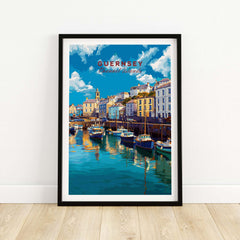 Guernsey Colourful Seaside Village Print | Channel Islands Wall Decor featuring vibrant coastal scenes and boats.