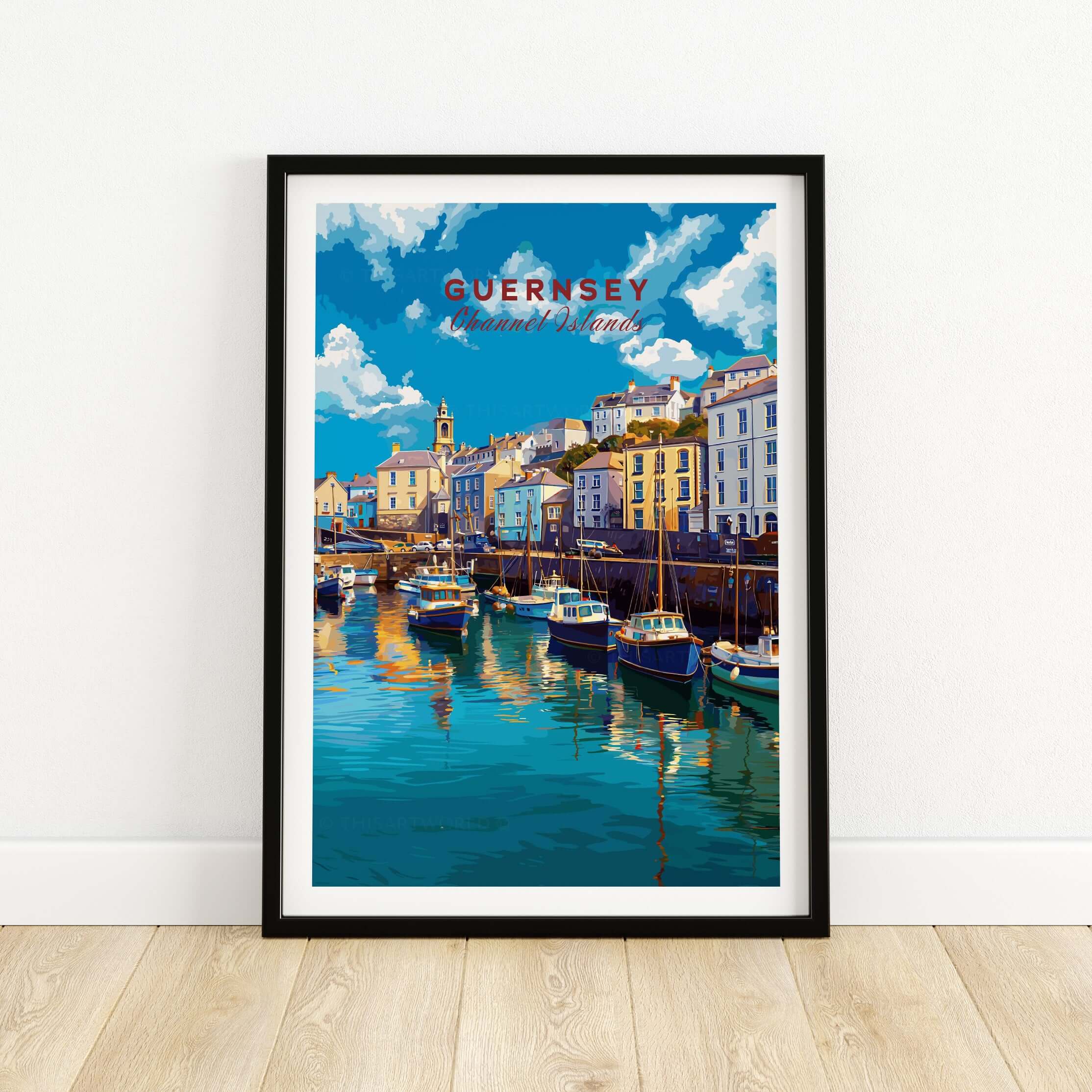 Guernsey Colourful Seaside Village Print | Channel Islands Wall Decor featuring vibrant coastal scenes and boats.