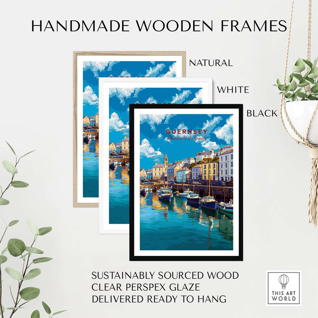 Guernsey Colourful Seaside Village Print | Channel Islands Wall Decor in handmade wooden frames, natural, white, and black.