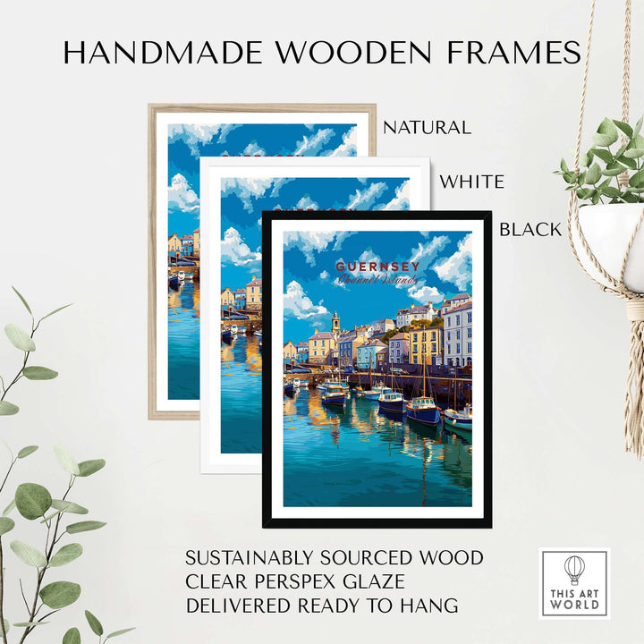Guernsey Colourful Seaside Village Print | Channel Islands Wall Decor in handmade wooden frames, natural, white, and black.