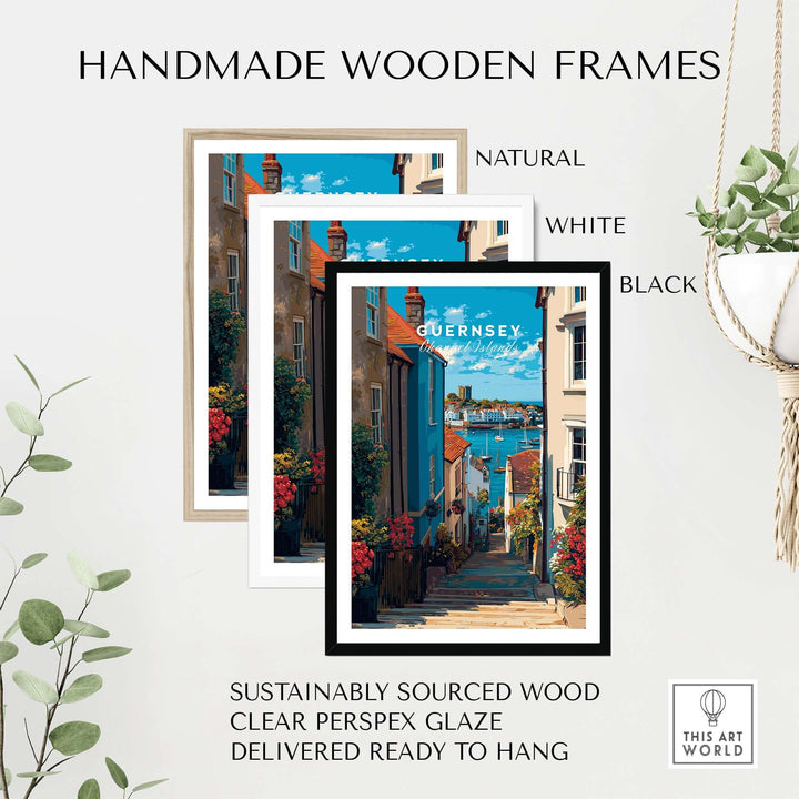 Guernsey Channel Islands Harbour Print | British Seaside Decor displayed in handmade wooden frames in natural, white, and black.