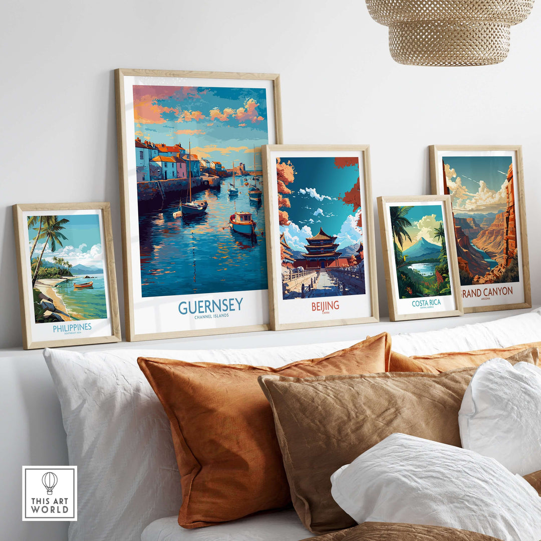 Guernsey Channel Islands Sunset Marina Art Print | Port Boat Reflections Poster displayed in a cozy living room setting.
