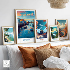 Guernsey Channel Islands Sunset Marina Art Print | Port Boat Reflections Poster displayed among other travel art prints.