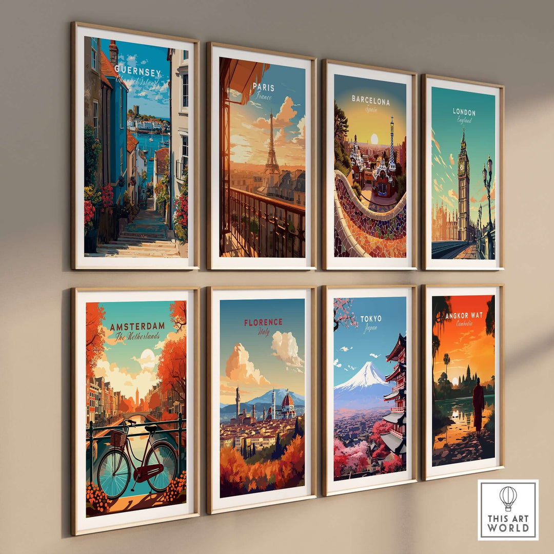 Guernsey Channel Islands Harbour Print | British Seaside Decor displayed among various city art prints in a gallery wall.
