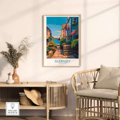 Guernsey Poster - Channel Islands Art Print | Harbour View displayed in a stylish room with a cozy chair.