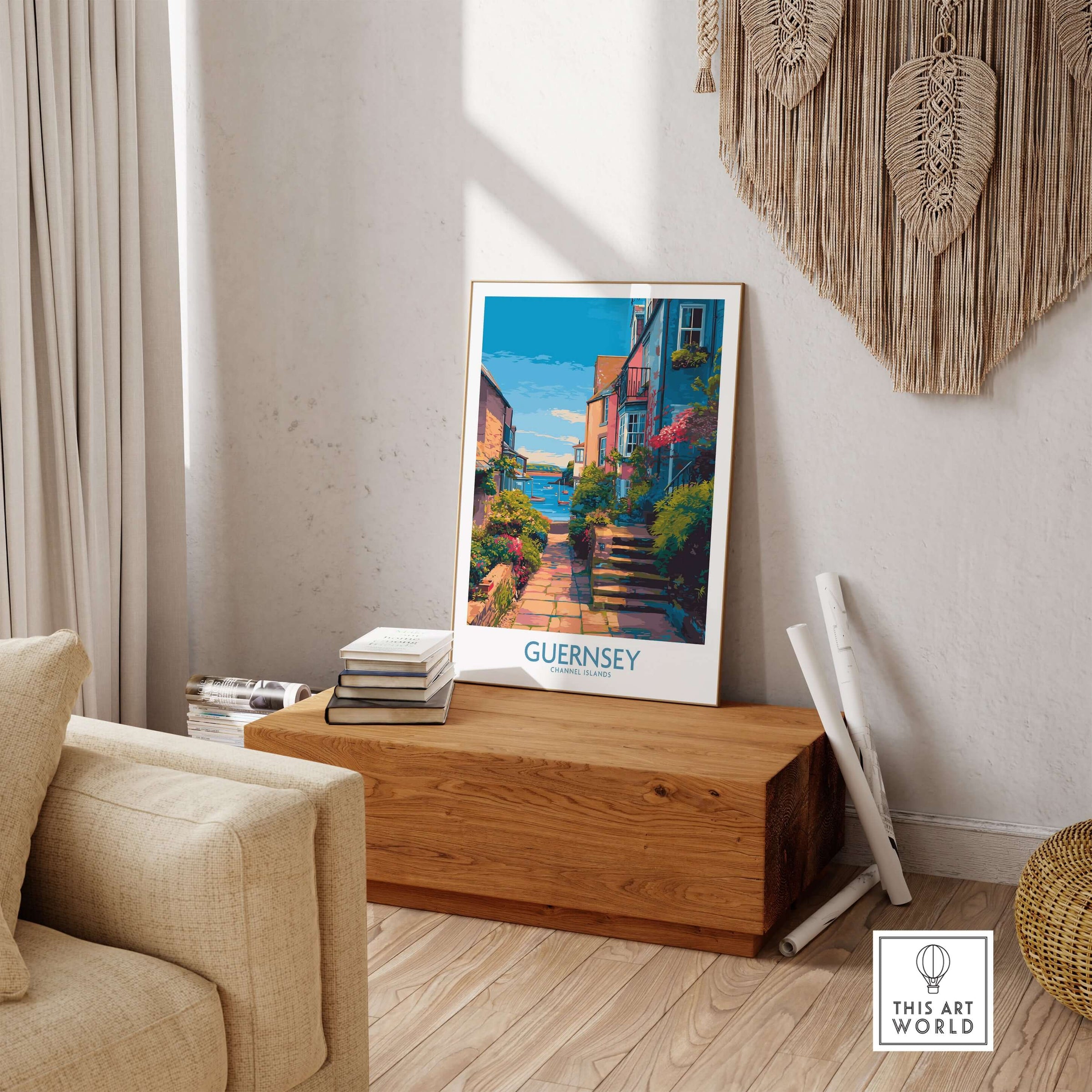Guernsey Poster - Channel Islands Art Print | Harbour View displayed in a cozy room with wooden accents and natural light.
