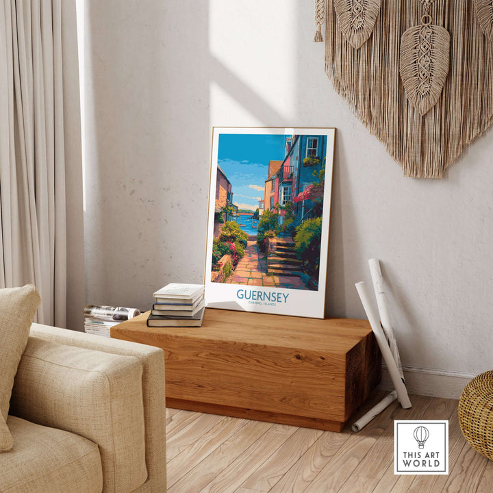Guernsey Poster - Channel Islands Art Print | Harbour View displayed in a cozy living room setting with natural decor.