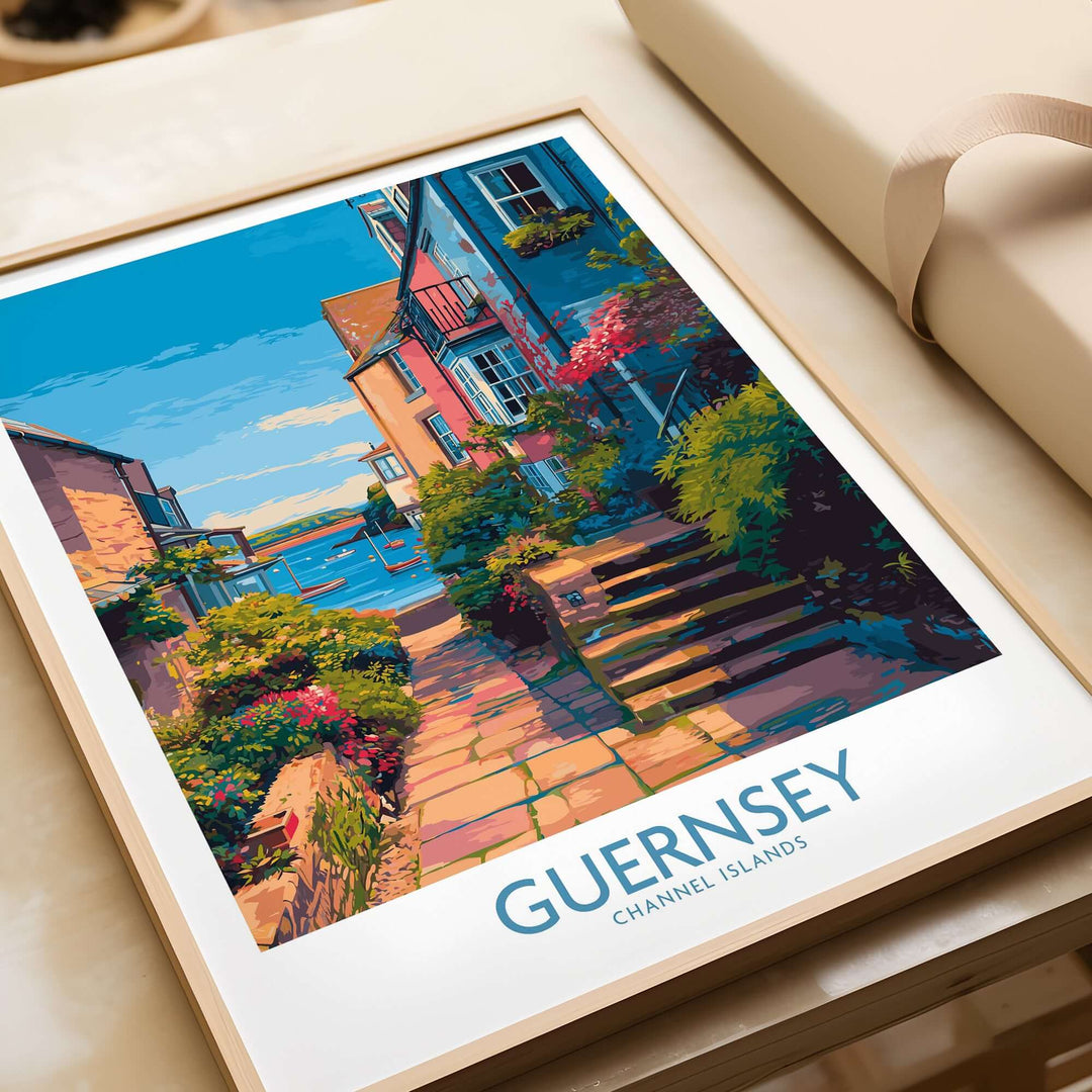 Guernsey Poster - Channel Islands Art Print | Harbour View featuring a scenic harbor pathway framed in a stylish wooden frame.