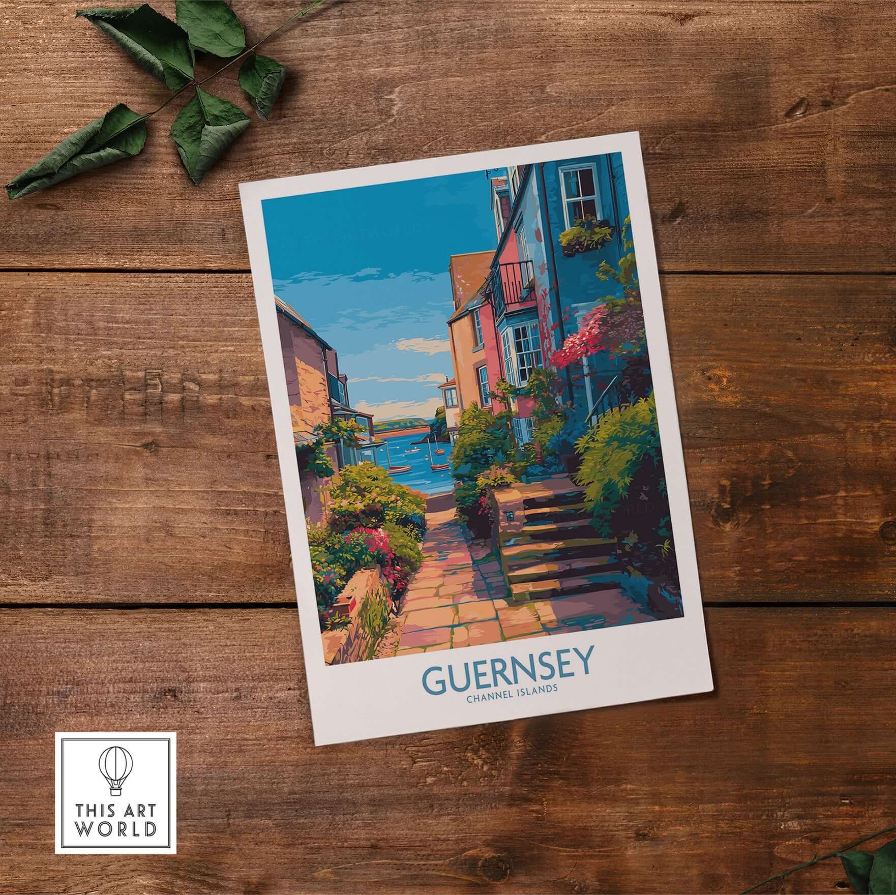 Guernsey Poster - Channel Islands Art Print | Harbour View on wooden surface with vibrant colors and coastal charm.