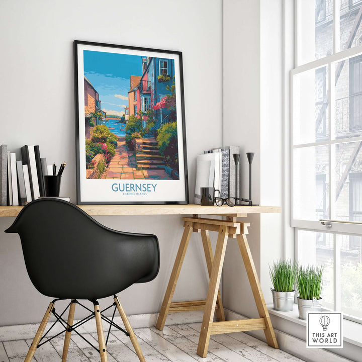 Guernsey Poster - Channel Islands Art Print | Harbour View displayed in a modern office with a sleek chair and plants.