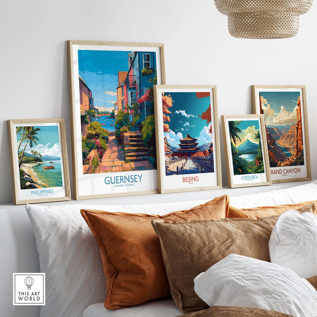 Guernsey Poster - Channel Islands Art Print | Harbour View displayed among other travel art prints in a cozy living room setting.