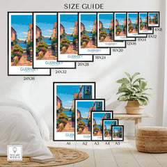 Guernsey Poster - Channel Islands Art Print | Harbour View size guide showcasing various print dimensions in a home setting.