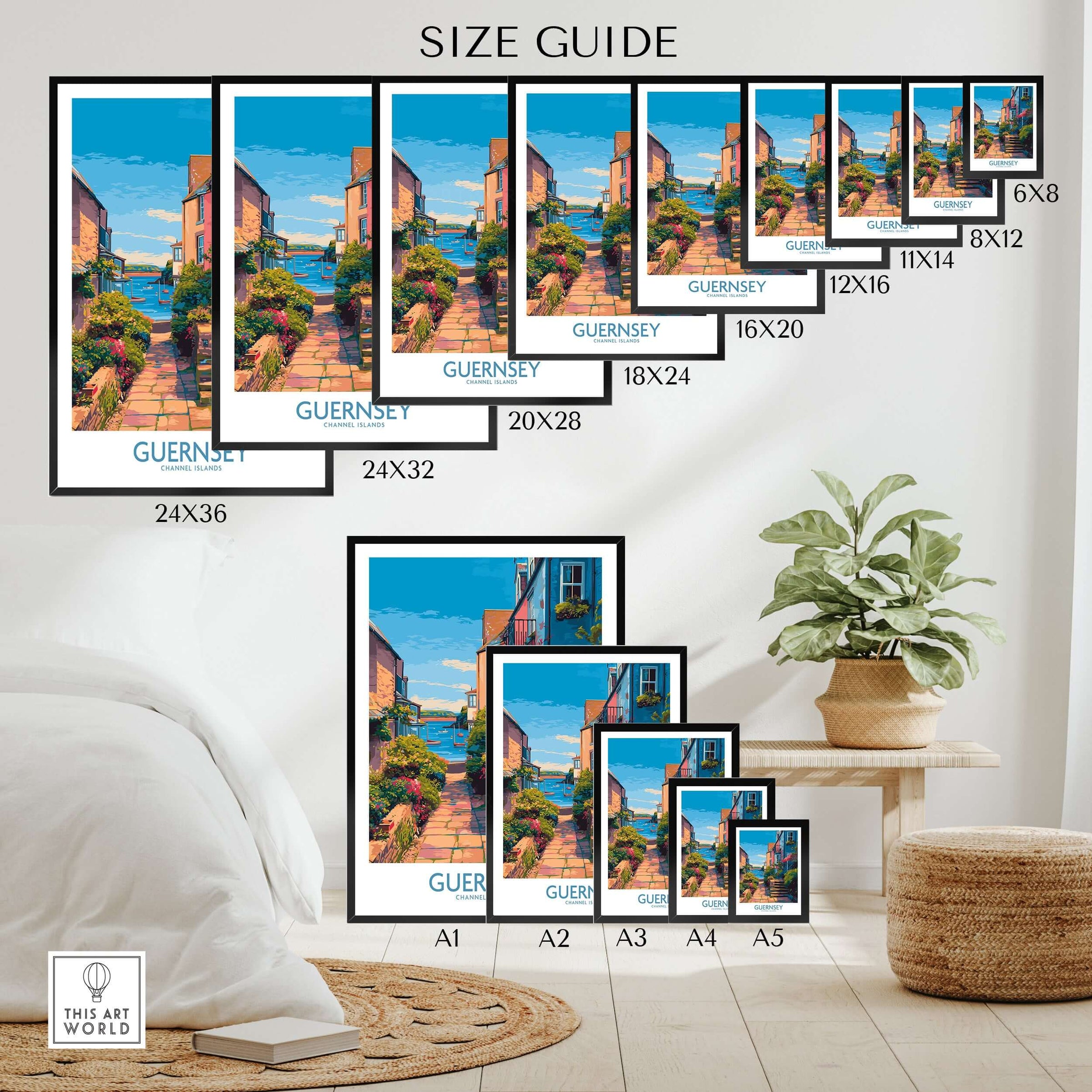 Guernsey Poster - Channel Islands Art Print | Harbour View size guide showcasing various print dimensions in a home setting.