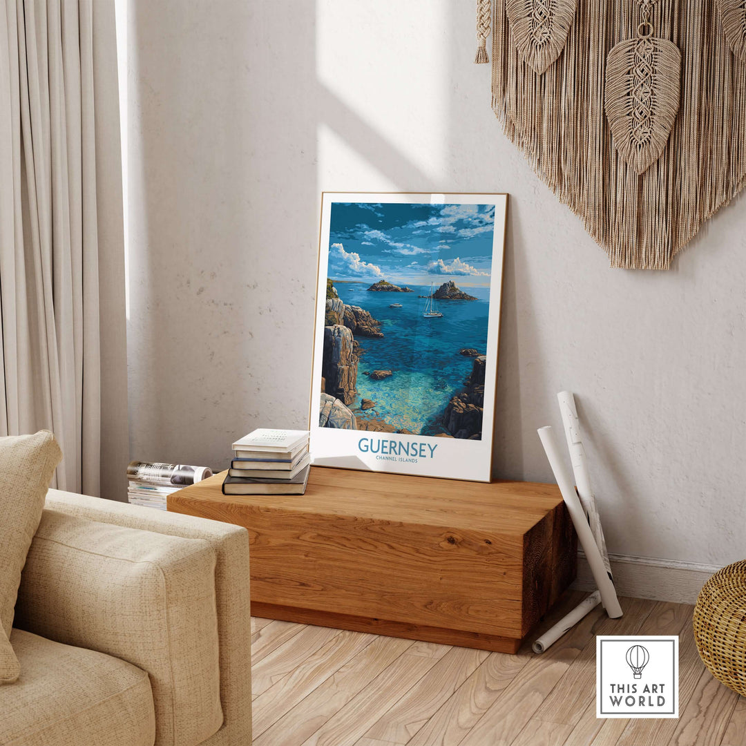 Guernsey Print Channel Islands Coast Art | Rocky Shore Sailing Poster displayed in a bright room with cozy decor.