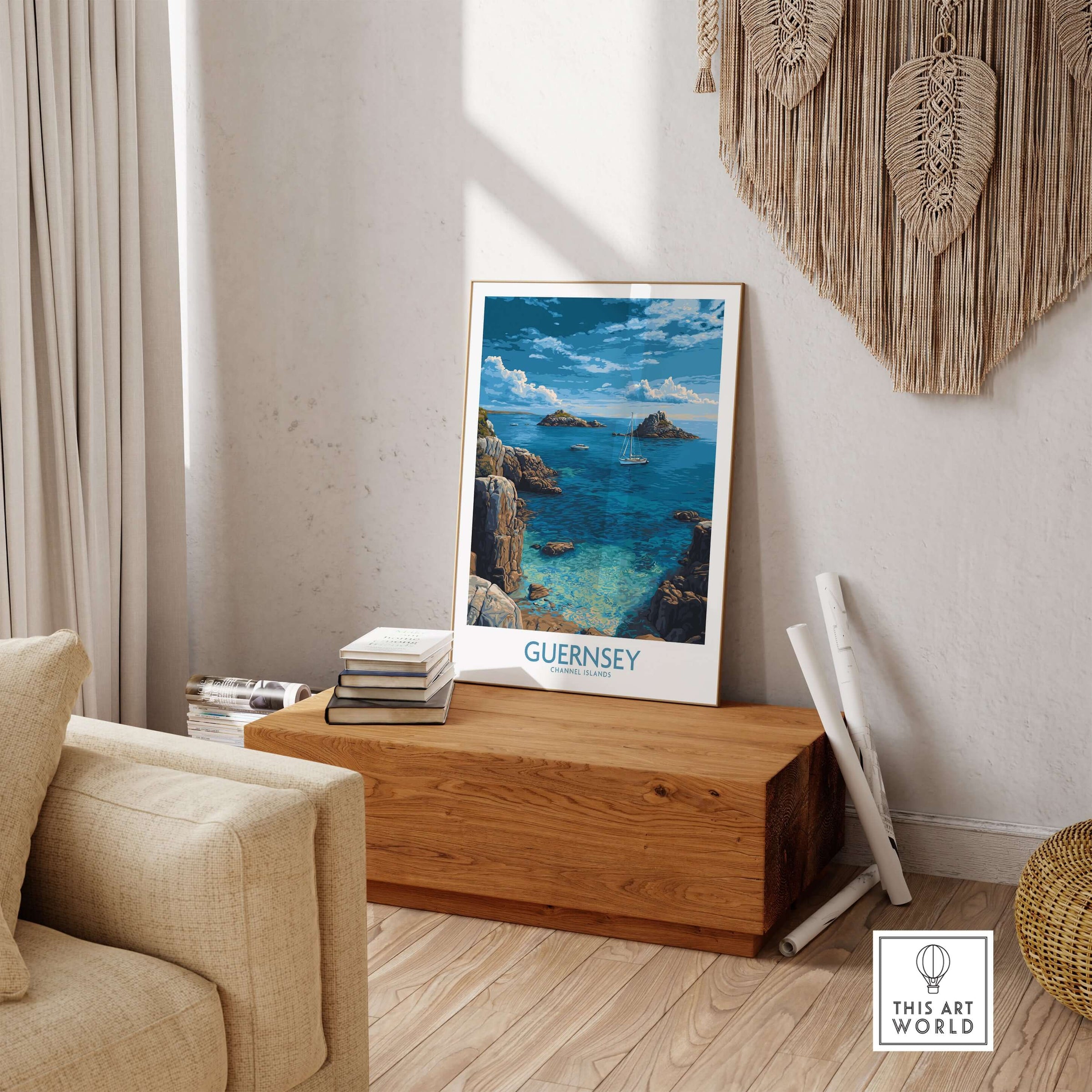 Guernsey Print Channel Islands Coast Art | Rocky Shore Sailing Poster displayed in a cozy interior setting.
