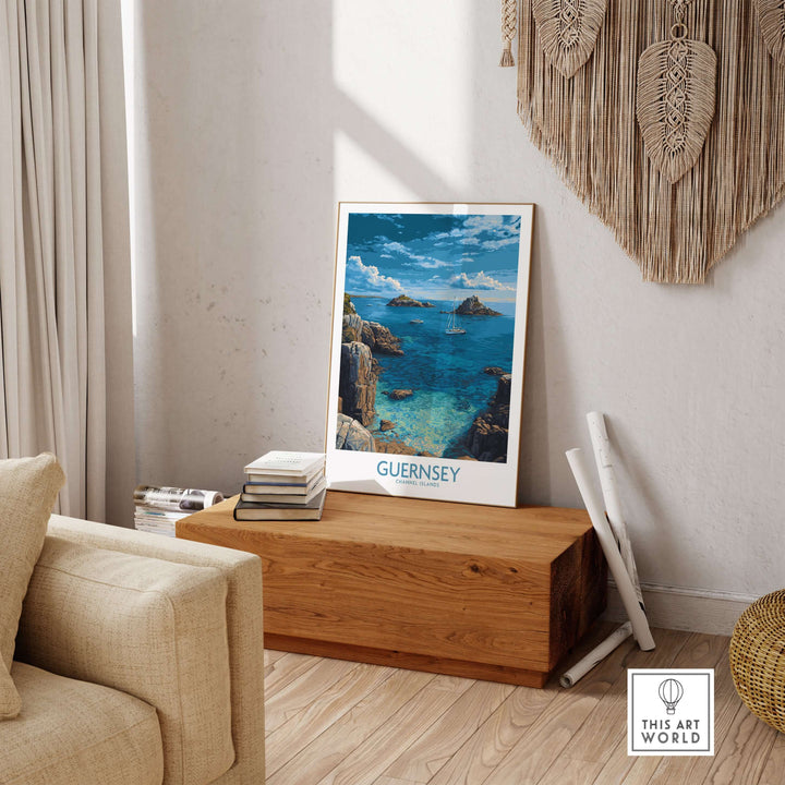 Guernsey Print Channel Islands Coast Art | Rocky Shore Sailing Poster displayed in a bright room with cozy decor.