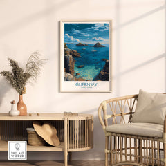 Guernsey Print Channel Islands Coast Art | Rocky Shore Sailing Poster displayed in a stylish living room setting.