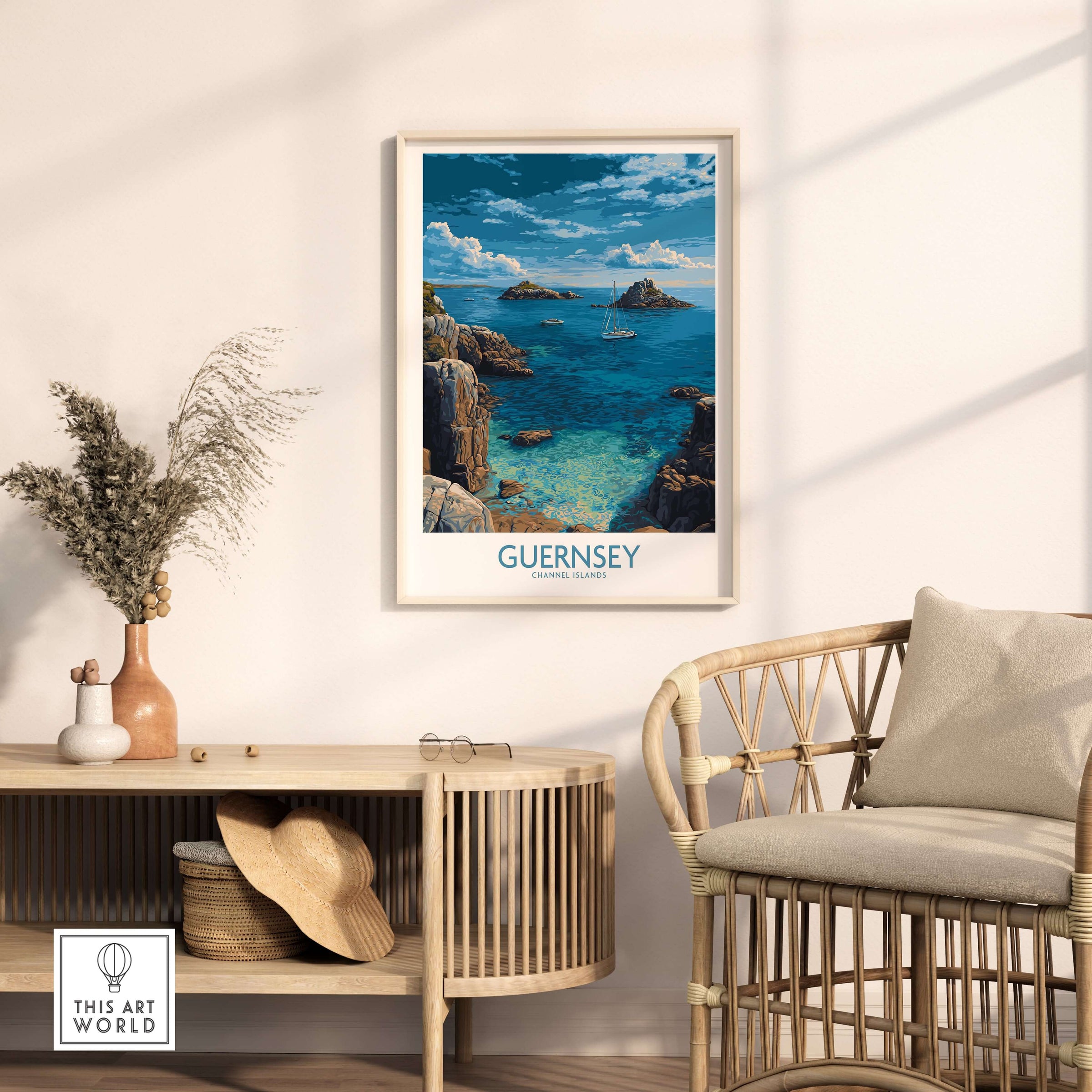 Guernsey Print Channel Islands Coast Art | Rocky Shore Sailing Poster displayed in a stylish living room setting.