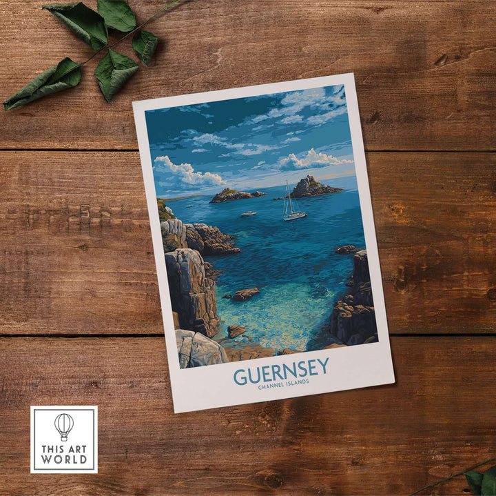 Guernsey Print Channel Islands Coast Art | Rocky Shore Sailing Poster featuring a sailboat and rocky coastline.