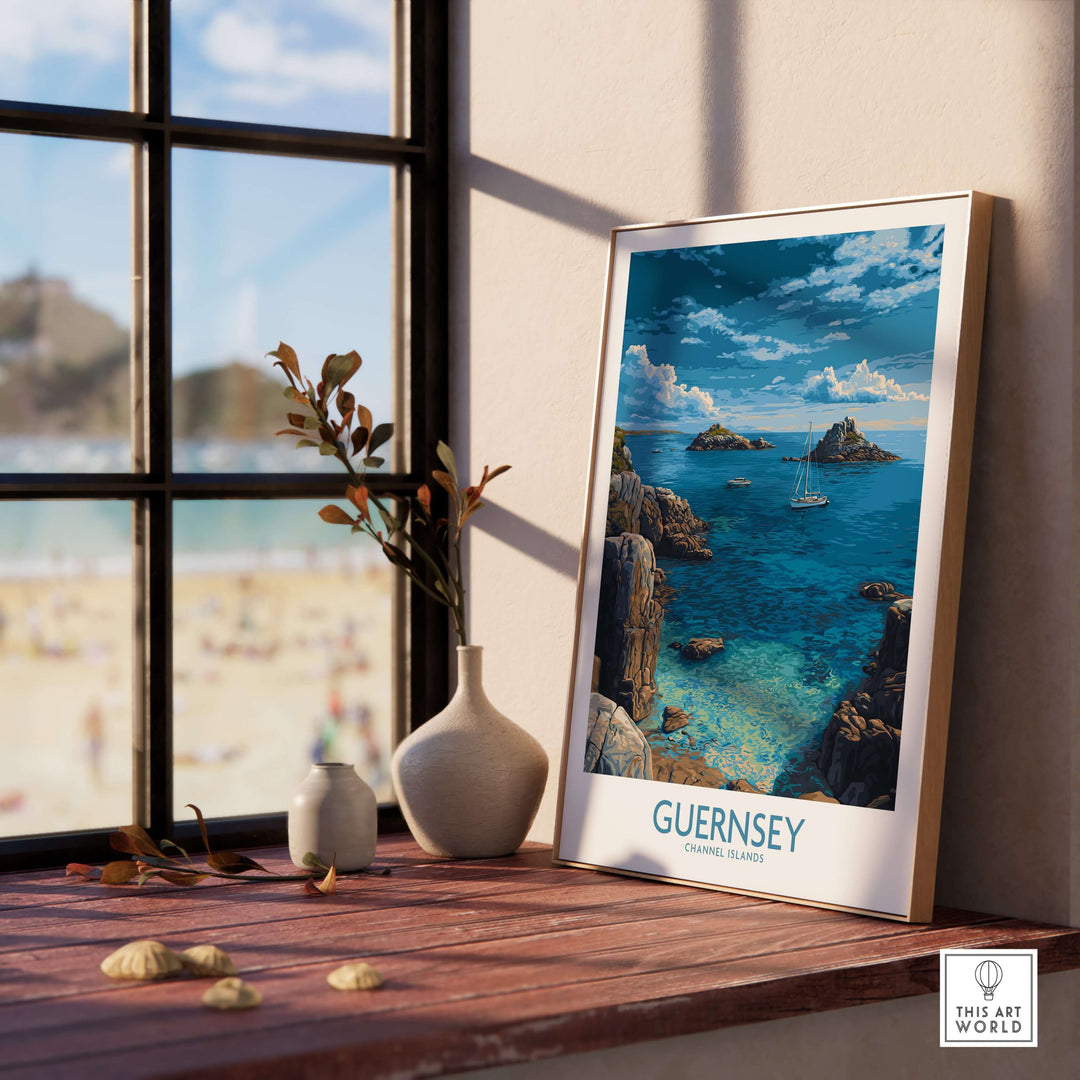 Guernsey Print Channel Islands Coast Art | Rocky Shore Sailing Poster displayed in a sunlit room with coastal view.