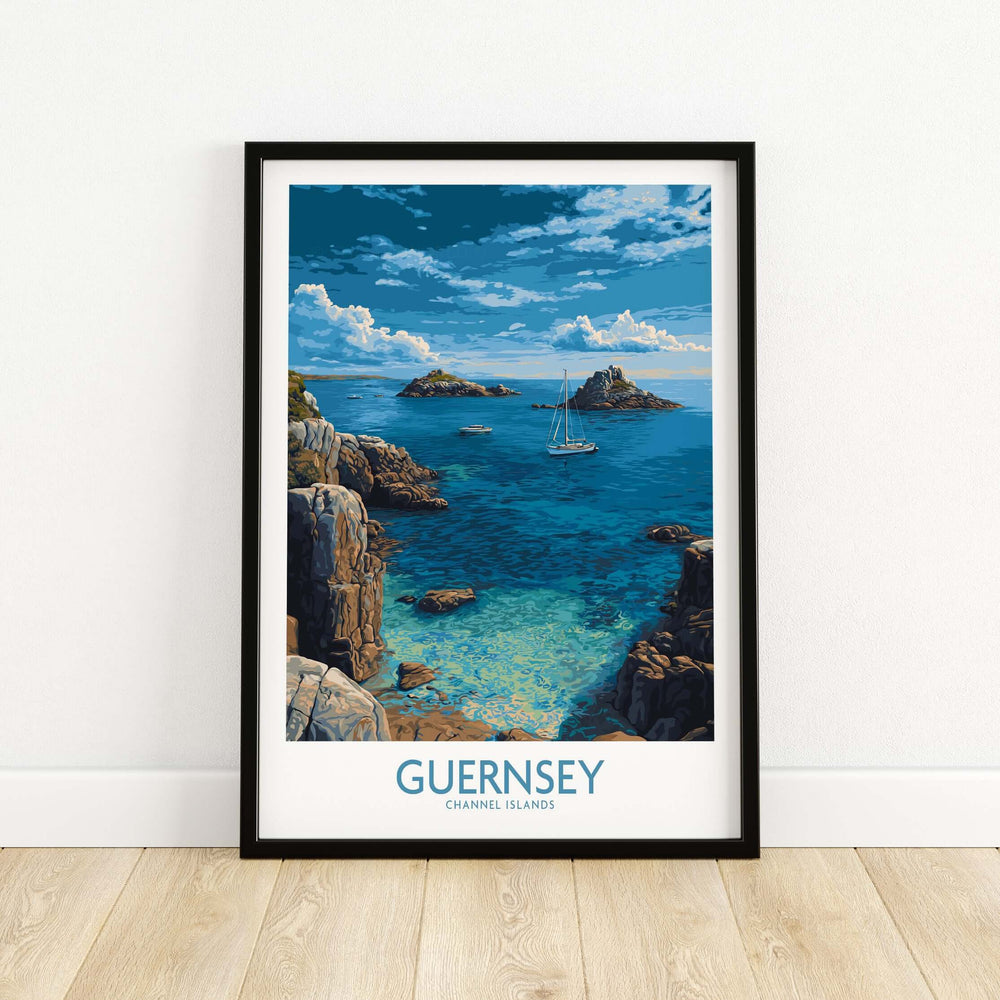 Guernsey Print Channel Islands Coast Art | Rocky Shore Sailing Poster showcasing a sailboat on a stunning coastal landscape.