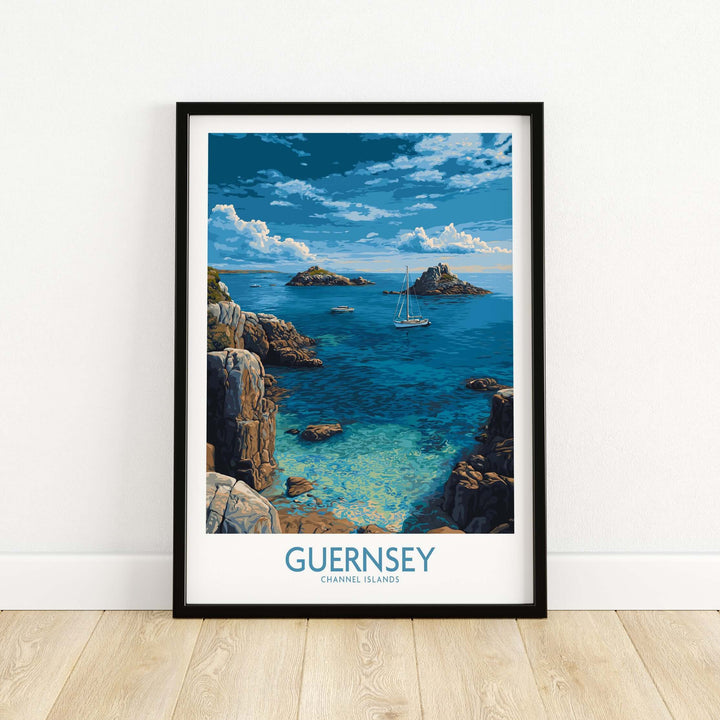Guernsey Print Channel Islands Coast Art | Rocky Shore Sailing Poster showcasing a sailboat on a stunning coastal landscape.